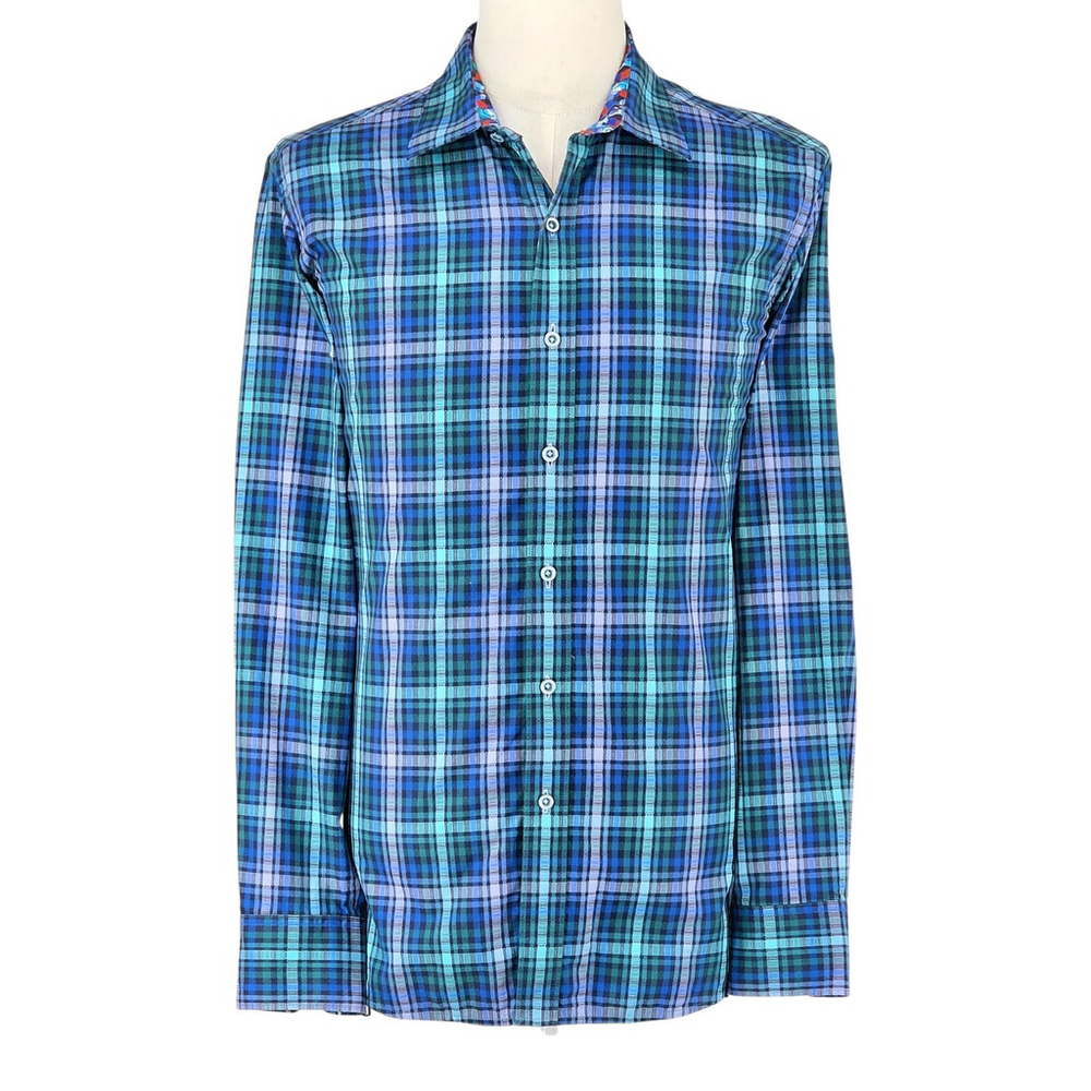 Robert Graham Button Down Shirt Men’s L Blue Plaid Cotton Quiet Luxury